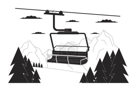 Illustration for Ski lift chair in forest mountains black and white cartoon flat illustration. Chairlift at ski resort 2D lineart landscape isolated. Elevator cableway woodland monochrome scene vector outline image - Royalty Free Image