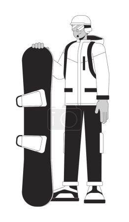 Illustration for Standing snowboarder with helmet black and white 2D line cartoon character. Young adult arab man isolated vector outline person. Winter extreme sports enthusiast monochromatic flat spot illustration - Royalty Free Image