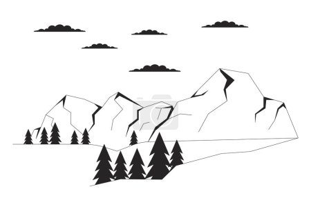 Illustration for Snow-capped mountain surrounded by evergreen black and white cartoon flat illustration. Pine trees wintertime 2D lineart landscape isolated. Winter wonderland monochrome scene vector outline image - Royalty Free Image