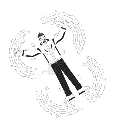 Illustration for Outerwear winter guy making snow angel black and white 2D line cartoon character. Caucasian white man lying down isolated vector outline person. Playing in snow monochromatic flat spot illustration - Royalty Free Image