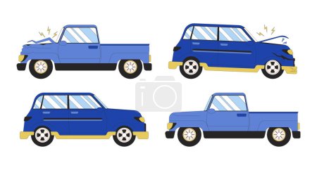 Illustration for Auto repair shop 2D linear cartoon objects set. Accident automobile isolated line vector elements white background. Retro cars. Newly refurbished vehicle color flat spot illustration collection - Royalty Free Image