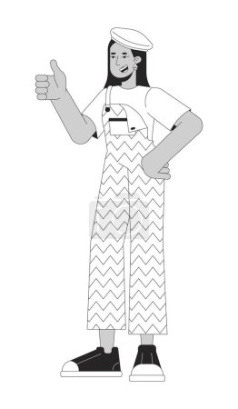 Illustration for Middle eastern funky girl thumb up black and white 2D line cartoon character. Young adult woman wearing 80s retro clothes isolated vector outline person. Nostalgia monochromatic flat spot illustration - Royalty Free Image