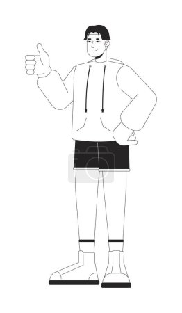 Illustration for Retro inspired gen z young man thumb up black and white 2D line cartoon character. Handsome korean male showing approval isolated vector outline person. Nostalgia monochromatic flat spot illustration - Royalty Free Image