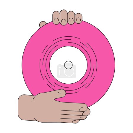 Illustration for Record vinyl holding linear cartoon character hands illustration. Showing vintage disc outline 2D vector image, white background. Gramophone disk. Nostalgic music analog editable flat color clipart - Royalty Free Image