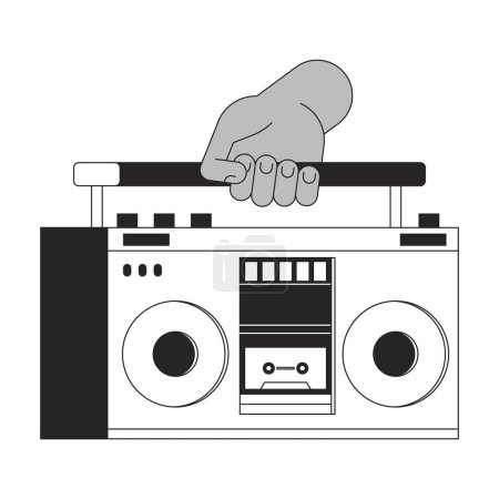 Illustration for Holding audio boombox cartoon human hand outline illustration. Carrying boom box 2D isolated black and white vector image. Oldfashioned equipment with tape cassette flat monochromatic drawing clip art - Royalty Free Image