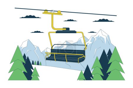 Illustration for Ski lift chair in forest mountains line cartoon flat illustration. Chairlift at ski resort 2D lineart landscape isolated on white background. Elevator cableway woodland scene vector color image - Royalty Free Image