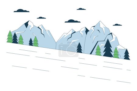 Illustration for Ski slope beside mountain forest line cartoon flat illustration. Skiing downhill 2D lineart landscape isolated on white background. Mountains slalom. Snow resort mountainside scene vector color image - Royalty Free Image