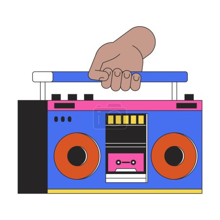 Illustration for Holding audio boombox linear cartoon character hand illustration. Carrying boom box outline 2D vector image, white background. Old-fashioned equipment with tape cassette editable flat color clipart - Royalty Free Image