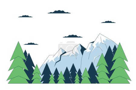 Illustration for Scenery mountain range pine trees line cartoon flat illustration. Ski resort summit 2D lineart landscape isolated on white background. Clouds above mountains springtime scene vector color image - Royalty Free Image