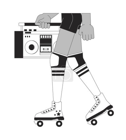 Illustration for Female roller skater carrying boombox black and white 2D line cartoon legs closeup. Black girl isolated vector outline hands close up. Skating with vintage audio monochromatic flat spot illustration - Royalty Free Image