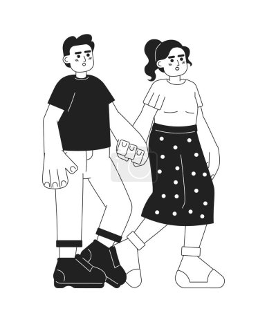 Middle eastern boyfriend girlfriend hands holding black and white 2D cartoon characters. Wow astonished couple isolated vector outline people. Landmark sightseeing monochromatic flat spot illustration