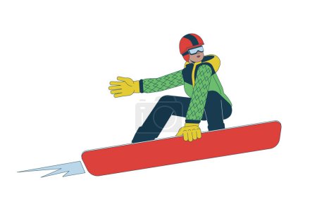 Illustration for Cool black woman performing trick on snowboard 2D linear cartoon character. African american female snowboarder isolated line vector person white background. Extreme sport color flat spot illustration - Royalty Free Image