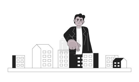 Illustration for African american young adult man pointing condo black and white 2D cartoon character. Casual business black guy isolated vector outline person. Male choosing house monochromatic flat spot illustration - Royalty Free Image