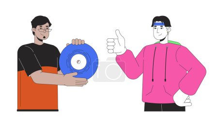 Illustration for Best friends male retro enthusiasts diverse 2D linear cartoon characters. Arab guy eyeglasses, asian man isolated line vector people white background. Vinyl nostalgia color flat spot illustration - Royalty Free Image