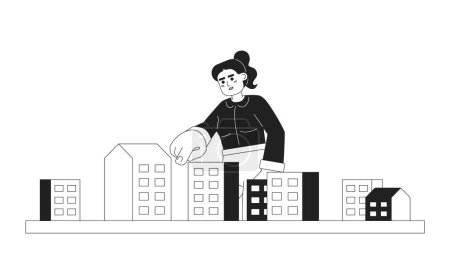 Ilustración de Cola de caballo mujer dedo apuntando apartamento negro y blanco personaje de dibujos animados 2D. Dedo femenino del Medio Oriente hacia abajo persona contorno vectorial aislado. Elegir propiedad monocromática plana punto ilustración - Imagen libre de derechos