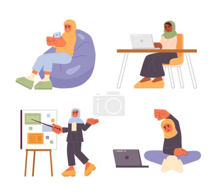 Illustration for Muslim women daily lives cartoon flat illustrations set. Working relaxing hijab female 2D characters isolated on white background. Beanbag phone, fitness home scenes vector color images collection - Royalty Free Image