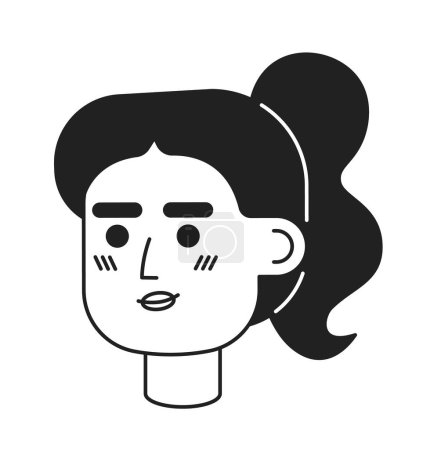 Illustration for Ponytail young adult woman blushing shy black and white 2D vector avatar illustration. Brunette middle eastern outline cartoon character face isolated. Millennial flat user profile image, portrait - Royalty Free Image