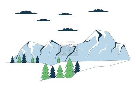 Illustration for Snow-capped mountain surrounded by evergreen line cartoon flat illustration. Pine trees wintertime 2D lineart landscape isolated on white background. Winter wonderland scene vector color image - Royalty Free Image