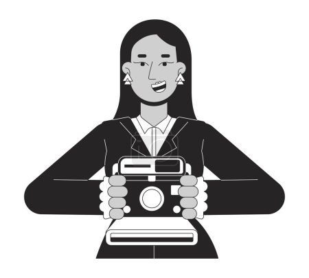 Illustration for Smiling arab female holding instant camera black and white 2D line cartoon character. Middle eastern girl picture taking isolated vector outline person. Nostalgia monochromatic flat spot illustration - Royalty Free Image