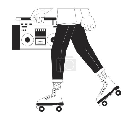 Illustration for Male roller skater holding boombox black and white 2D line cartoon legs closeup. 80s caucasian man isolated vector outline hands close up. Rollerskating with audio monochromatic flat spot illustration - Royalty Free Image
