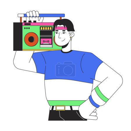 Illustration for Cool korean boy holding boombox on shoulder 2D linear cartoon character. Headband young asian man isolated line vector person white background. 80s nostalgia music color flat spot illustration - Royalty Free Image