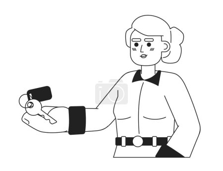 Ilustración de Rubia caucásica apartamento femenino inquilino blanco y negro 2D personaje de dibujos animados. Mujer adulta europea que recibe clave aislado vector contorno persona. Alquiler inquilino dama monocromática plana punto ilustración - Imagen libre de derechos