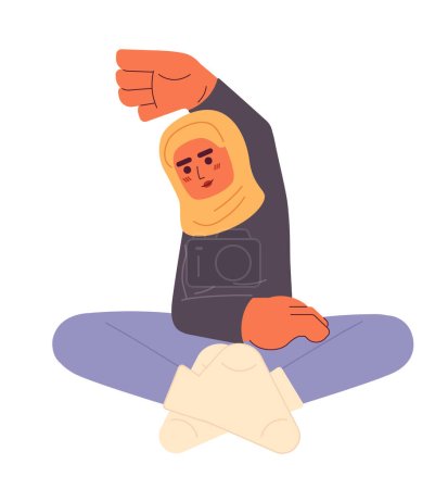 Téléchargez les illustrations : Femme musulmane exerçant la flexibilité personnage de dessin animé 2D. Hijab jeune femme travailler classe isolé vecteur personne fond blanc. Fille moderne portant des vêtements de remise en forme couleur spot plat illustration - en licence libre de droit