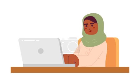 Illustration for African american woman hijab remote employee 2D cartoon character. Headscarf black female typing laptop isolated vector person white background. Telecommuting adult muslim color flat spot illustration - Royalty Free Image