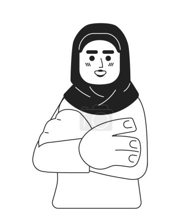 Illustration for Hijab young adult woman confident arms folded black and white 2D cartoon character. Crossed arms muslim female isolated vector outline person. Headscarf casual monochromatic flat spot illustration - Royalty Free Image
