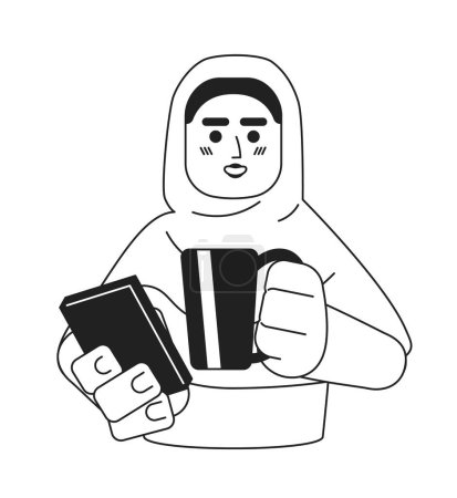 Illustration for Hijab girl holding phone, drinking tea black and white 2D cartoon character. Muslim young adult woman isolated vector outline person. Modern lifestyle monochromatic flat spot illustration - Royalty Free Image