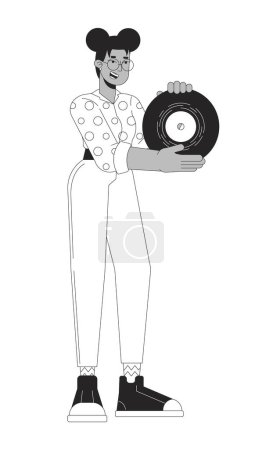 Illustration for African american girl holding vinyl record black and white 2D line cartoon character. Gen z black woman retro music isolated vector outline person. Nostalgia monochromatic flat spot illustration - Royalty Free Image