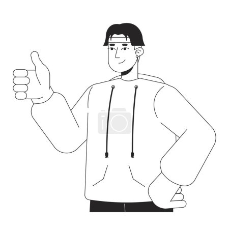 Illustration for Retro inspired gen z man giving thump up black and white 2D line cartoon character. Handsome korean male showing support isolated vector outline person. Nostalgia monochromatic flat spot illustration - Royalty Free Image