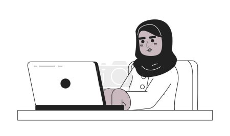 Illustration for African american woman hijab remote employee black and white 2D cartoon character. Headscarf female typing laptop isolated vector outline person. Telecommuting monochromatic flat spot illustration - Royalty Free Image