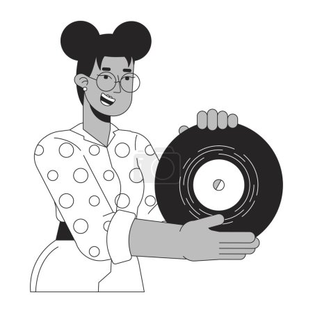 Illustration for African american girl showing vinyl record black and white 2D line cartoon character. Gen z black woman retro music lover isolated vector outline person. Nostalgia monochromatic flat spot illustration - Royalty Free Image