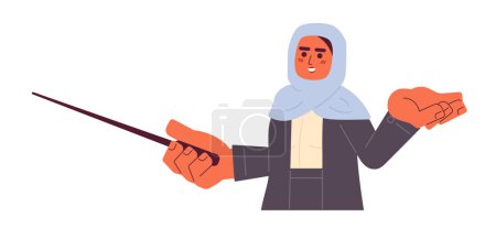 Téléchargez les illustrations : Mentor professionnel femme musulmane personnage de dessin animé 2D. Hijab entraîneur de leadership femme isolé vecteur personne arrière-plan blanc. Arabe dame séminaire instructeur pointeur bâton couleur plat spot illustration - en licence libre de droit