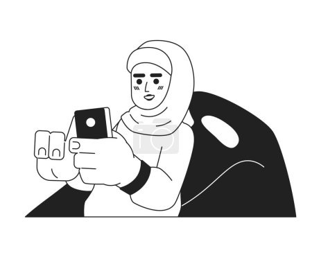 Illustration for Relaxing hijab girl on beanbag chair black and white 2D cartoon character. Mobile phone using muslim young adult female isolated vector outline person. Leisure monochromatic flat spot illustration - Royalty Free Image