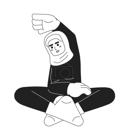 Illustration for Muslim female exercising flexibility black and white 2D cartoon character. Hijab young woman work out class isolated vector outline person. Girl fitness clothing monochromatic flat spot illustration - Royalty Free Image