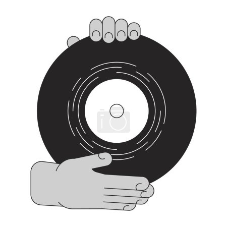 Illustration for Record vinyl holding cartoon human hands outline illustration. Showing disc 2D isolated black and white vector image. Gramophone disk. Nostalgic music analog flat monochromatic drawing clip art - Royalty Free Image