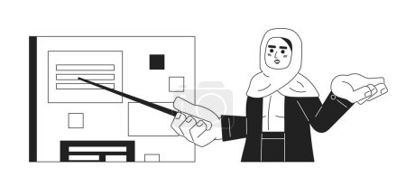 Illustration for Hijab employee holding pointing stick black and white 2D cartoon character. Muslim scarf woman isolated vector outline person. Arab lady office presentation board monochromatic flat spot illustration - Royalty Free Image