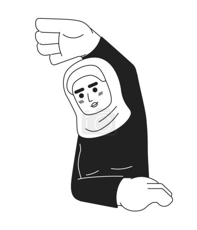 Illustration for Hijab young adult woman stretching arm exercise black and white 2D cartoon character. Workout fitness muslim female isolated vector outline person. Girl athlete monochromatic flat spot illustration - Royalty Free Image