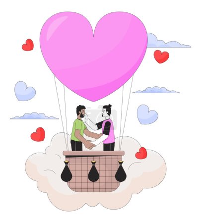 Illustration for Romantic hot air balloon ride 2D linear illustration concept. Interracial gay couple cartoon characters isolated on white. Celebrating special day metaphor abstract flat vector outline graphic - Royalty Free Image