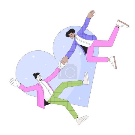 Illustration for Gay men falling at first sight 2D linear illustration concept. Homosexual boyfriends cartoon characters isolated on white. Millennial love relationship metaphor abstract flat vector outline graphic - Royalty Free Image