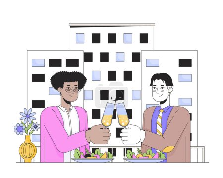 Illustration for Valentines gay couple dinner line cartoon flat illustration. Diverse boyfriends toast champagne 2D lineart characters isolated on white background. Restaurant date 14 february scene vector color image - Royalty Free Image