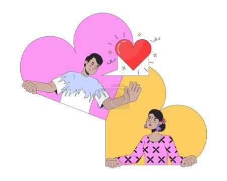Ilustración de En línea citas pareja heterosexual concepto de ilustración lineal 2D. Indios enamorados personajes de dibujos animados aislados en blanco. Larga distancia amor corazones metáfora abstracto plano vector contorno gráfico - Imagen libre de derechos