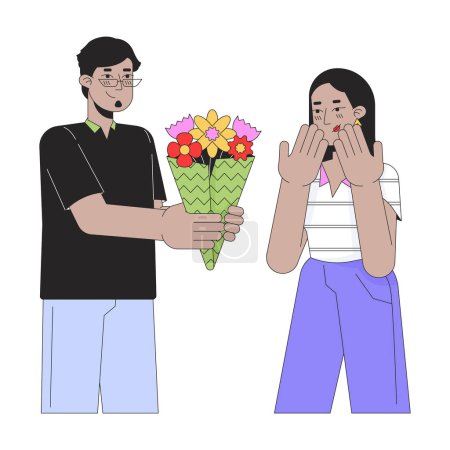 Illustration for Boyfriend giving bouquet flowers to girlfriend line cartoon flat illustration. Arab couple heterosexual 2D lineart characters isolated on white background. Romantic scene vector color image - Royalty Free Image