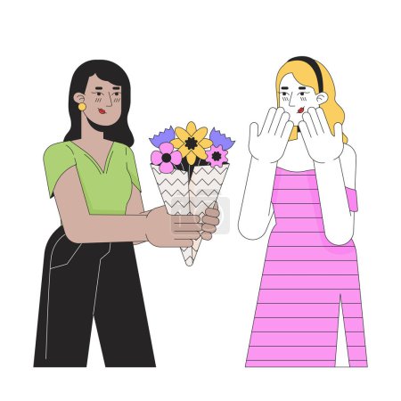 Illustration for Woman giving bouquet to crush line cartoon flat illustration. Interracial couple lesbian 2D lineart characters isolated on white background. Valentines gift. Romantic gesture scene vector color image - Royalty Free Image