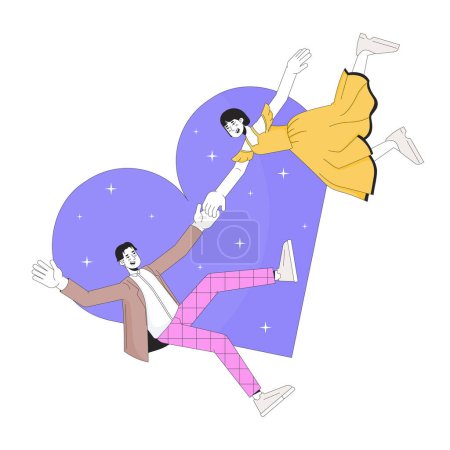 Illustration for Asian couple love at first sight 2D linear illustration concept. Korean boyfriend girlfriend cartoon characters isolated on white. Romantic dreamy metaphor abstract flat vector outline graphic - Royalty Free Image
