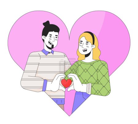 Illustration for Caucasian girlfriend boyfriend 14 february 2D linear illustration concept. Valentine day couple cartoon characters isolated on white. Bonding relationship metaphor abstract flat vector outline graphic - Royalty Free Image
