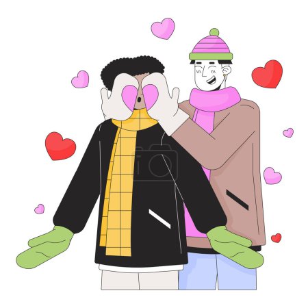 Illustration for Gay man covering boyfriend eyes surprise line cartoon flat illustration. Cold weather homosexual couple 2D lineart characters isolated on white background. Romantic winter scene vector color image - Royalty Free Image