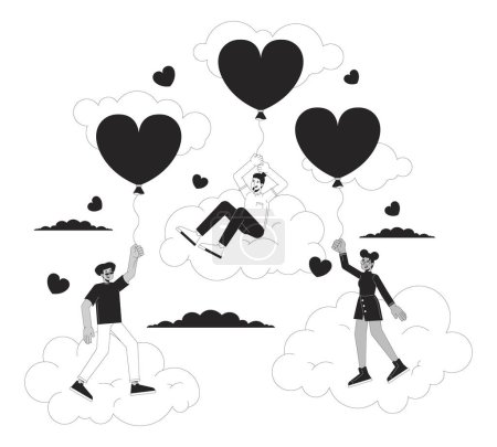 Ilustración de 14 febrero día de San Valentín concepto de ilustración 2D en blanco y negro. Diversas personas de dibujos animados esbozan personajes aislados en blanco. Globos en forma de corazón, nubes flotantes metáfora arte vectorial monocromo - Imagen libre de derechos